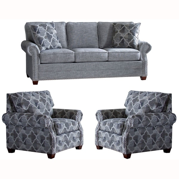 Made in USA Marner Grey Fabric Sofa Bed and Two Chairs with Nailheads