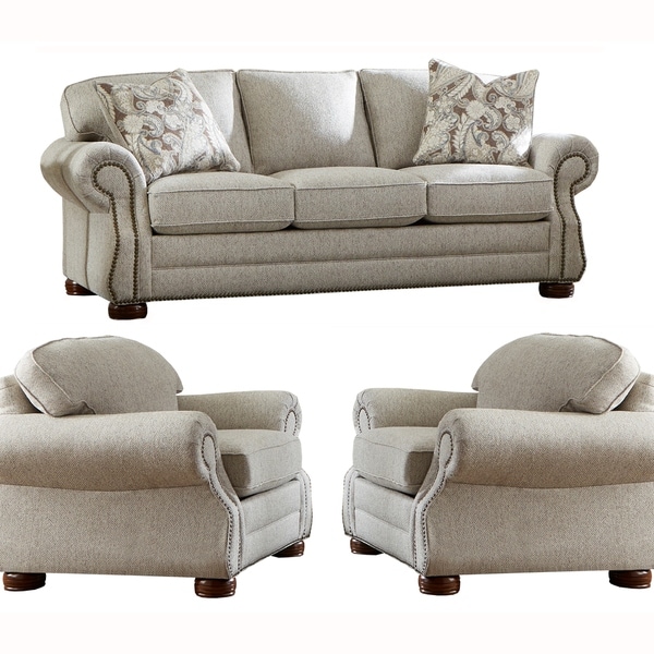 Made In Usa Austin Taupe Fabric Sofa Bed And Two Chairs With Studs