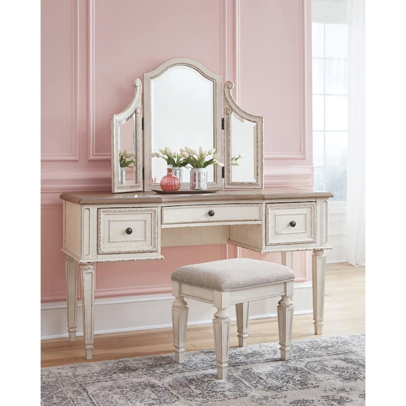 Signature Design by Ashley Nettle Bank Chipped White 3-piece Vanity Mirror Stool Set - 54" W x 18" D x 59.38" H