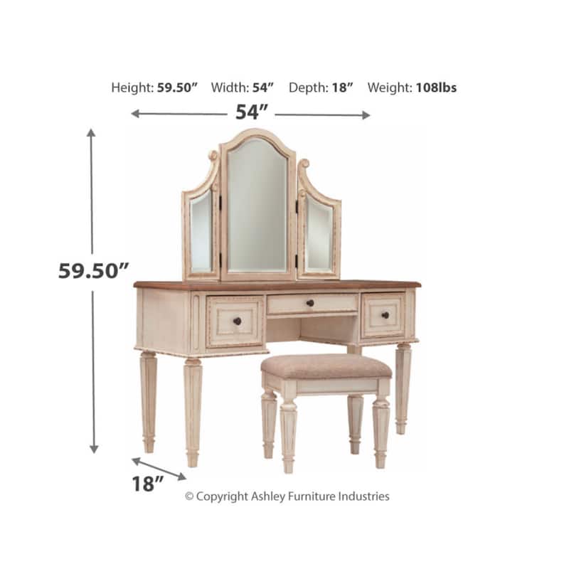 Signature Design by Ashley Nettle Bank Chipped White 3-piece Vanity Mirror Stool Set - 54" W x 18" D x 59.38" H