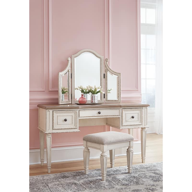 Signature Design by Ashley Nettle Bank Chipped White 3-piece Vanity Mirror Stool Set - 54" W x 18" D x 59.38" H
