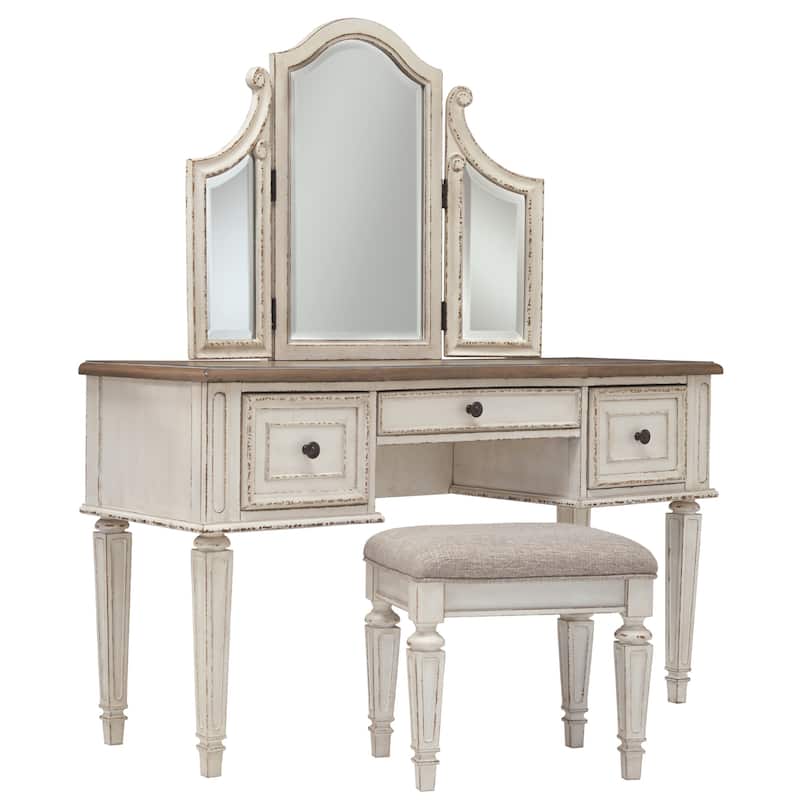 Signature Design by Ashley Nettle Bank Chipped White 3-piece Vanity Mirror Stool Set - 54" W x 18" D x 59.38" H