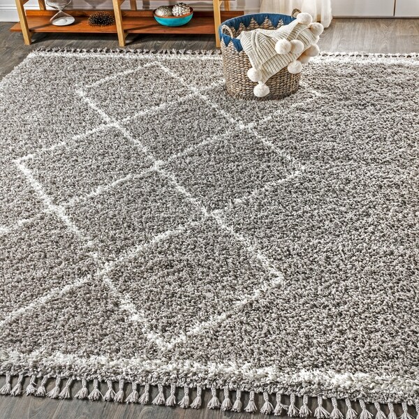 JONATHAN Y Mercer Shag Plush Tassel Moroccan Tribal Geometric Trellis Grey/Cream 8 ft. x 10 ft. Area Rug - 7'9" x 10'