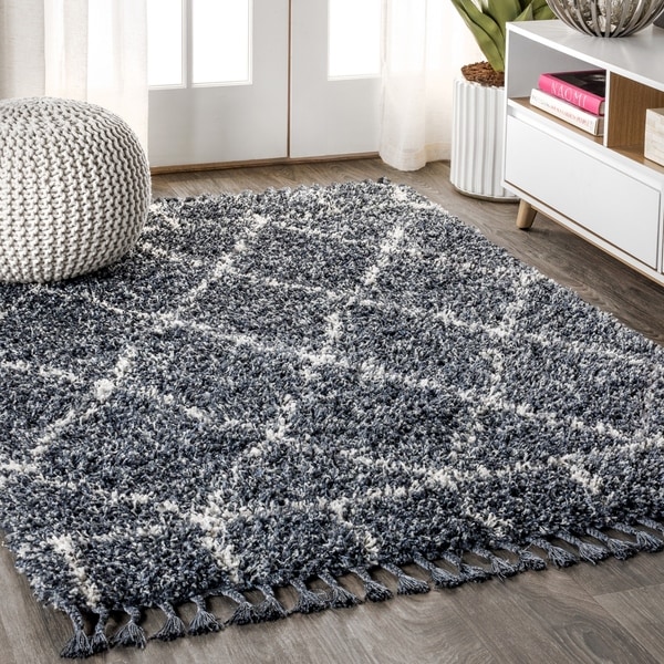 JONATHAN Y Mercer Shag Plush Tassel Moroccan Geometric Trellis Denim Blue/Cream 8 ft. x 10 ft. Area Rug - 7'9" x 10'