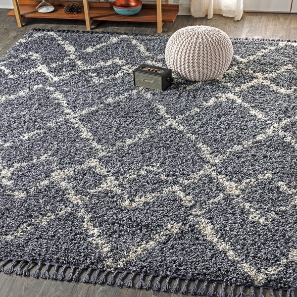 JONATHAN Y Mercer Shag Plush Tassel Moroccan Tribal Geometric Trellis Denim Blue/Cream 4 ft. x 6 ft. Area Rug - 4' x 6'