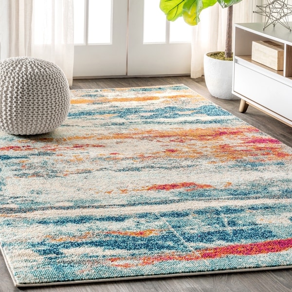 JONATHAN Y Contemporary POP Modern Abstract Brushstroke Cream/Blue 8 ft. x 10 ft. Area Rug - 7'9" x 10'