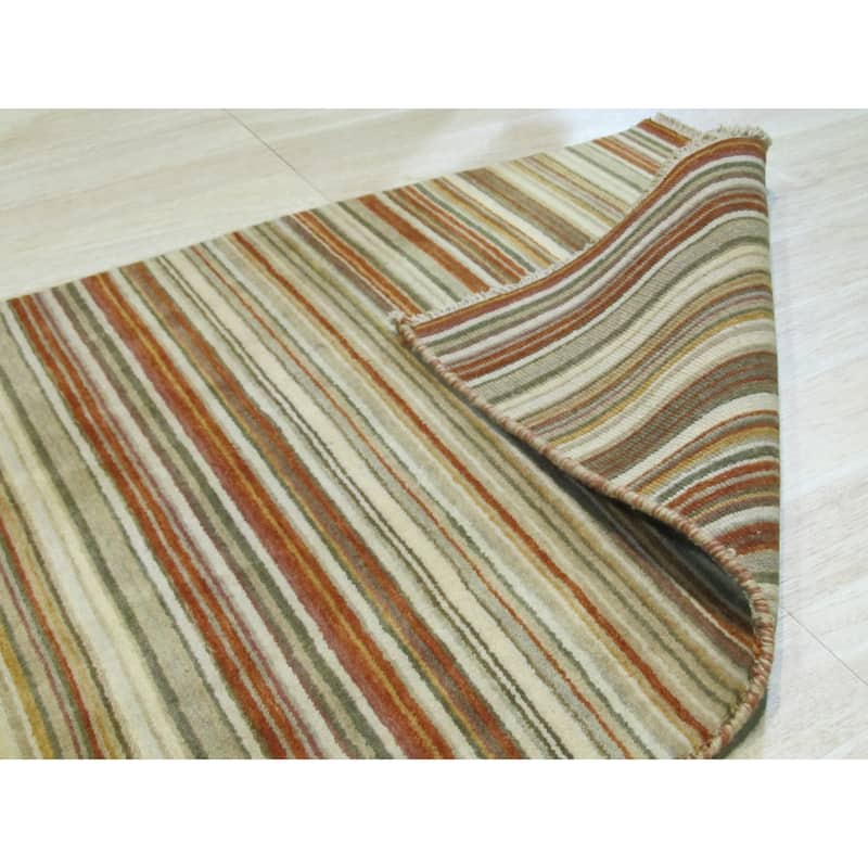 Orange/green Striped Handmade Wool Rug