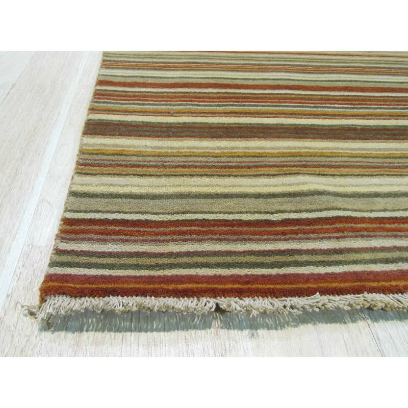 Orange/green Striped Handmade Wool Rug