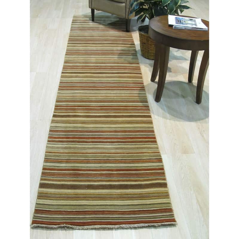 Orange/green Striped Handmade Wool Rug