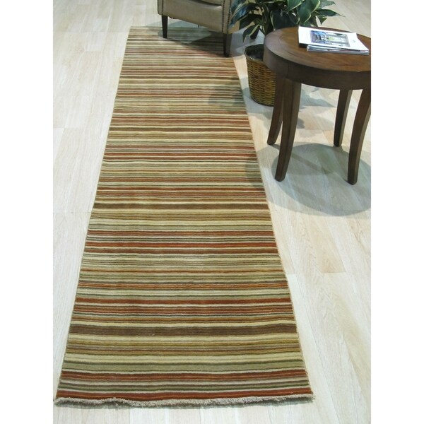 Orange/green Striped Handmade Wool Rug - 2' x 6'
