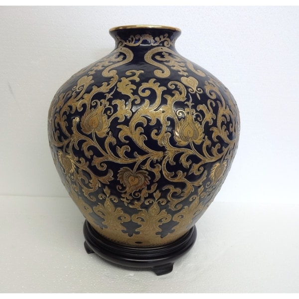 Blue and Gold Scroll Rounded Vase w/ Stand
