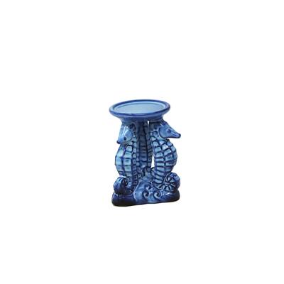 Ceramic Two Seahorses Candle Holder with Swirl Base, Blue
