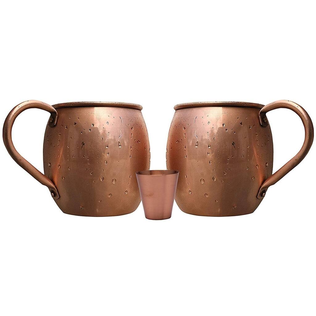 Melange 24 Oz Copper Barrel Mug for Moscow Mules, Set of 16 with Eight Shot Glasses - No Lining - Includes Free Recipe Card