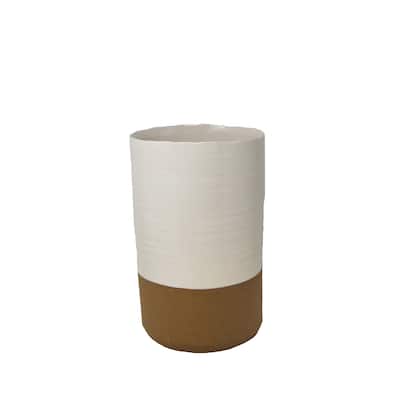 Ceramic Two Toned Vase with Irregular Mouth Rim and Round Bottom, Small, White and Brown