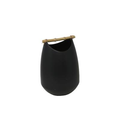 Ceramic Vase With Bamboo Handle And Round Base, Small, Matte Black
