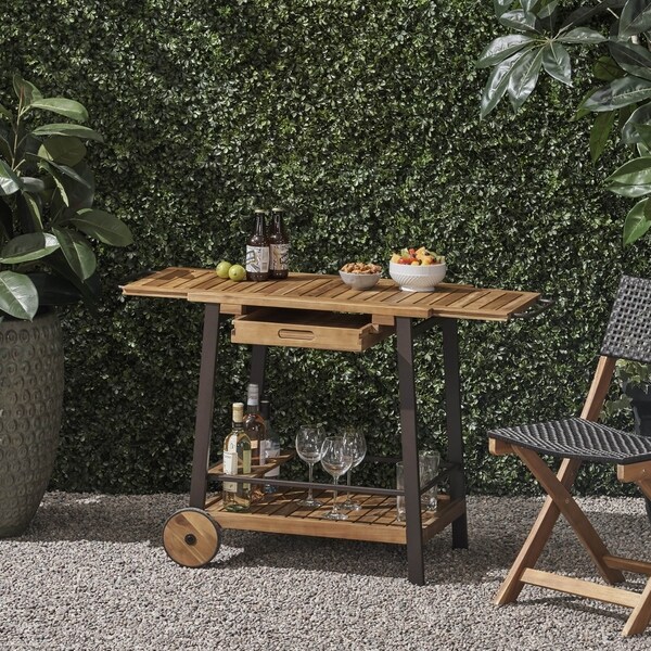 Spaulding Outdoor Wood Bar Cart with Tray Top and Bottle Holders by Christopher Knight Home On