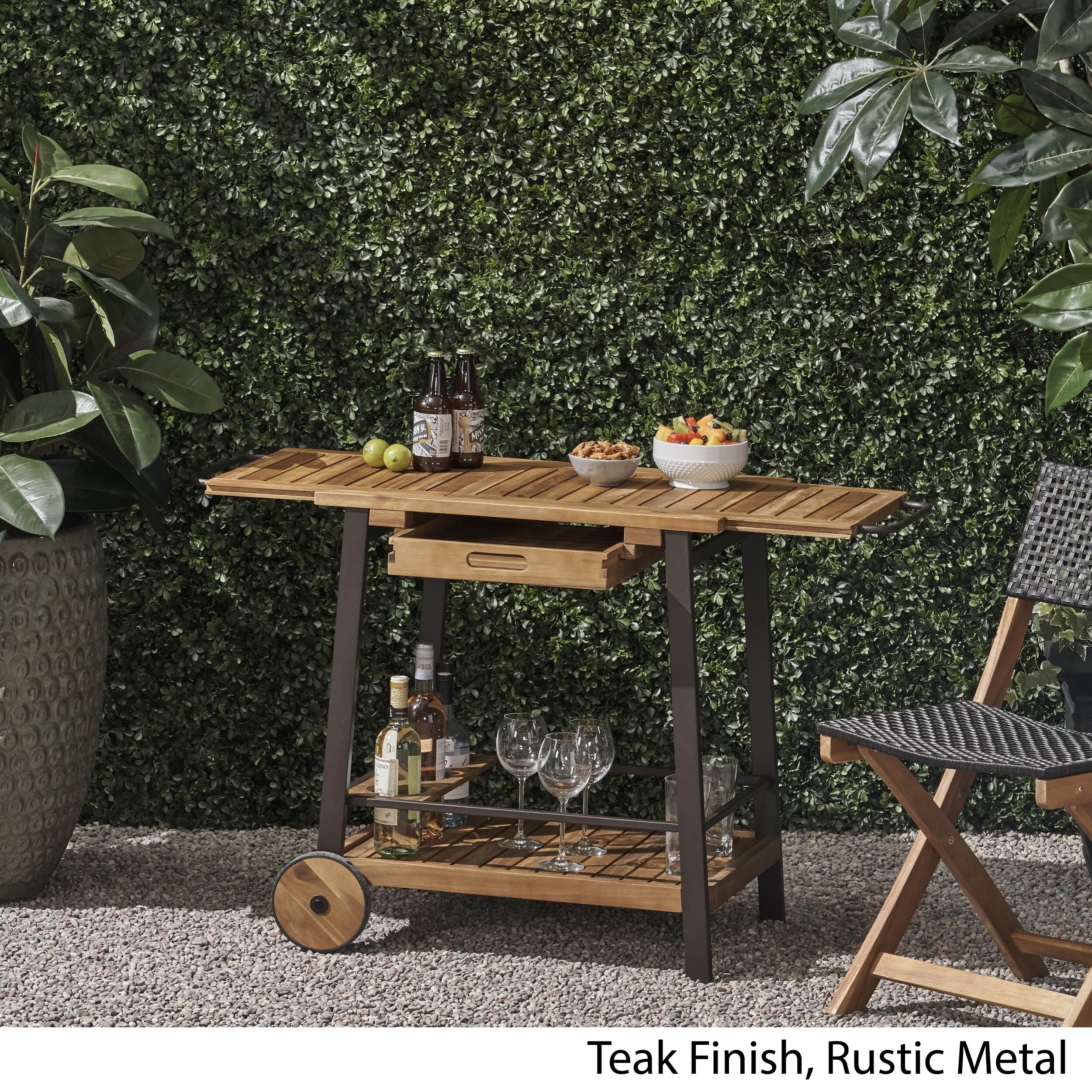 Shop Spaulding Outdoor Wood Bar Cart With Tray Top And Bottle