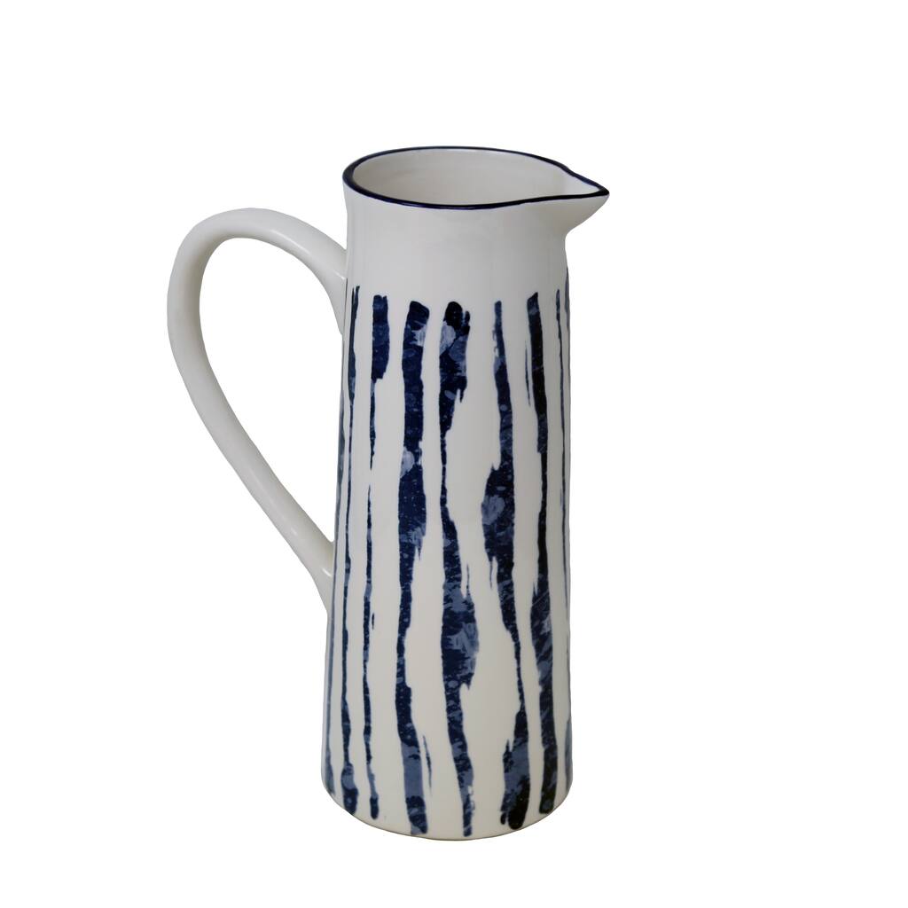 Ceramic Decorative Texture Pitcher with Small Handle On Side, White and Blue