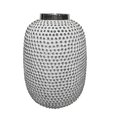 Decorative Ceramic Table Vase with Spiked Surface, Medium, White and Silver
