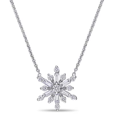 Miadora 14k White Gold 1/2ct TDW Baguette and Round-Cut Diamond Snowflake Necklace