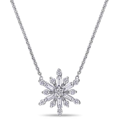 Miadora 14k White Gold 1/2ct TDW Baguette and Round-Cut Diamond Snowflake Necklace