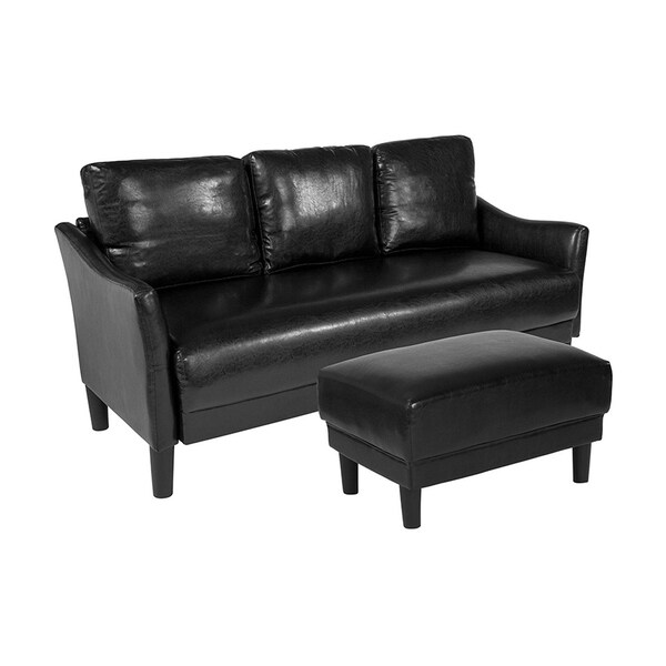 Offex 2 Piece Living Room Upholstered Sofa And Ottoman Set With Slanted Arms In Black Leather