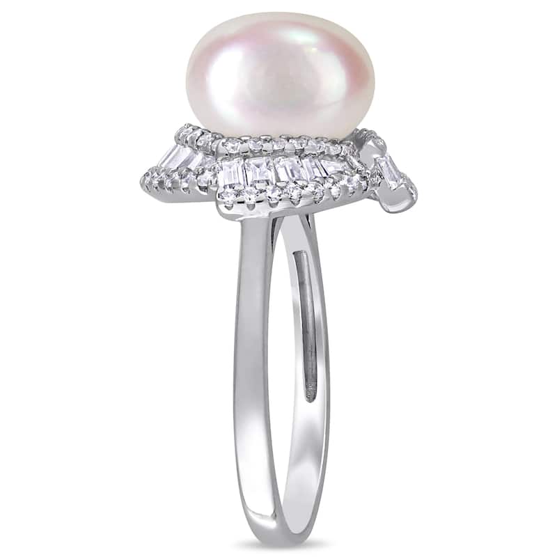 Miadora Sterling Silver Cultured FW Pearl and CZ Swirl Halo Ring (10-11 mm)