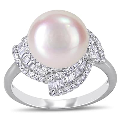 Miadora Sterling Silver Cultured FW Pearl and CZ Swirl Halo Ring (10-11 mm)