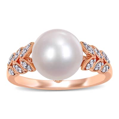 Miadora 10k Rose Gold Cultured FW Pearl and 1/6ct TDW Diamond Leaf Ring (9-10 mm)