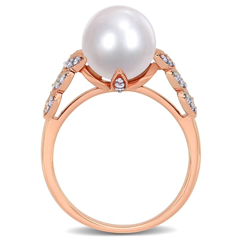 Miadora 10k Rose Gold Cultured FW Pearl and 1/6ct TDW Diamond Leaf Ring (9-10 mm)