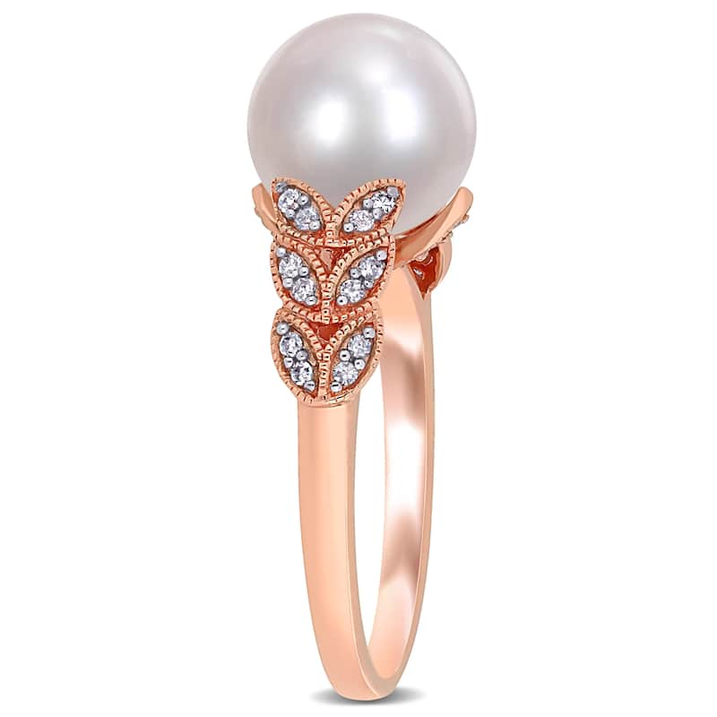 Miadora 10k Rose Gold Cultured FW Pearl and 1/6ct TDW Diamond Leaf Ring (9-10 mm)