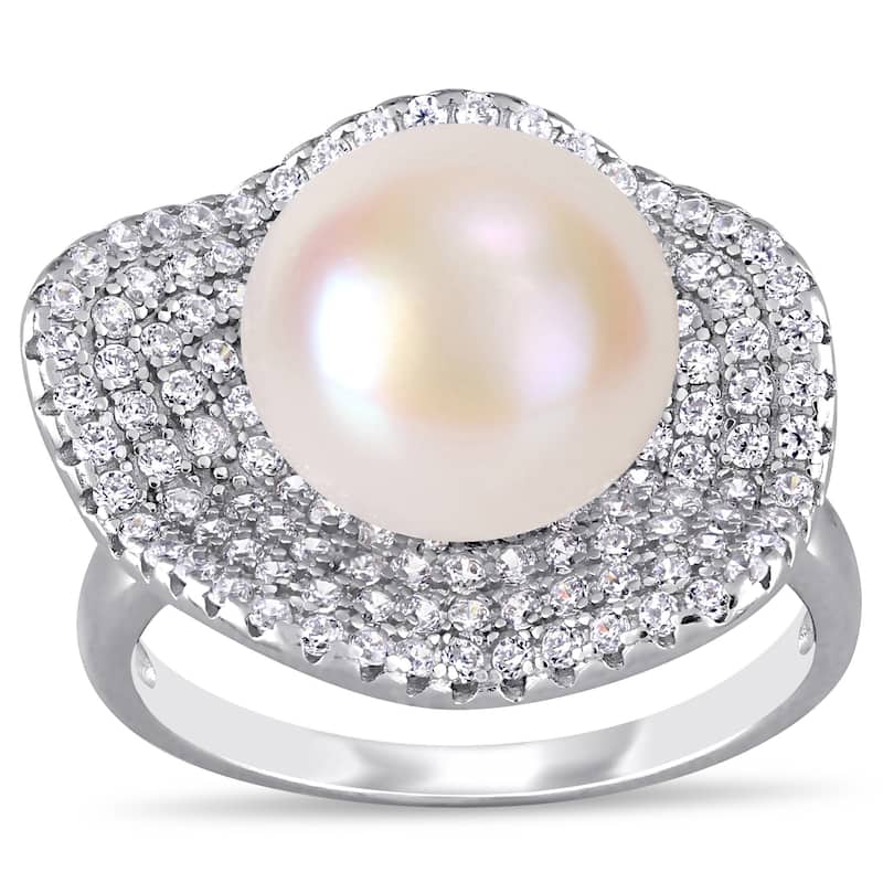 Miadora Sterling Silver Cultured FW Pearl and CZ Clustered Floral Halo Ring (11-12 mm)