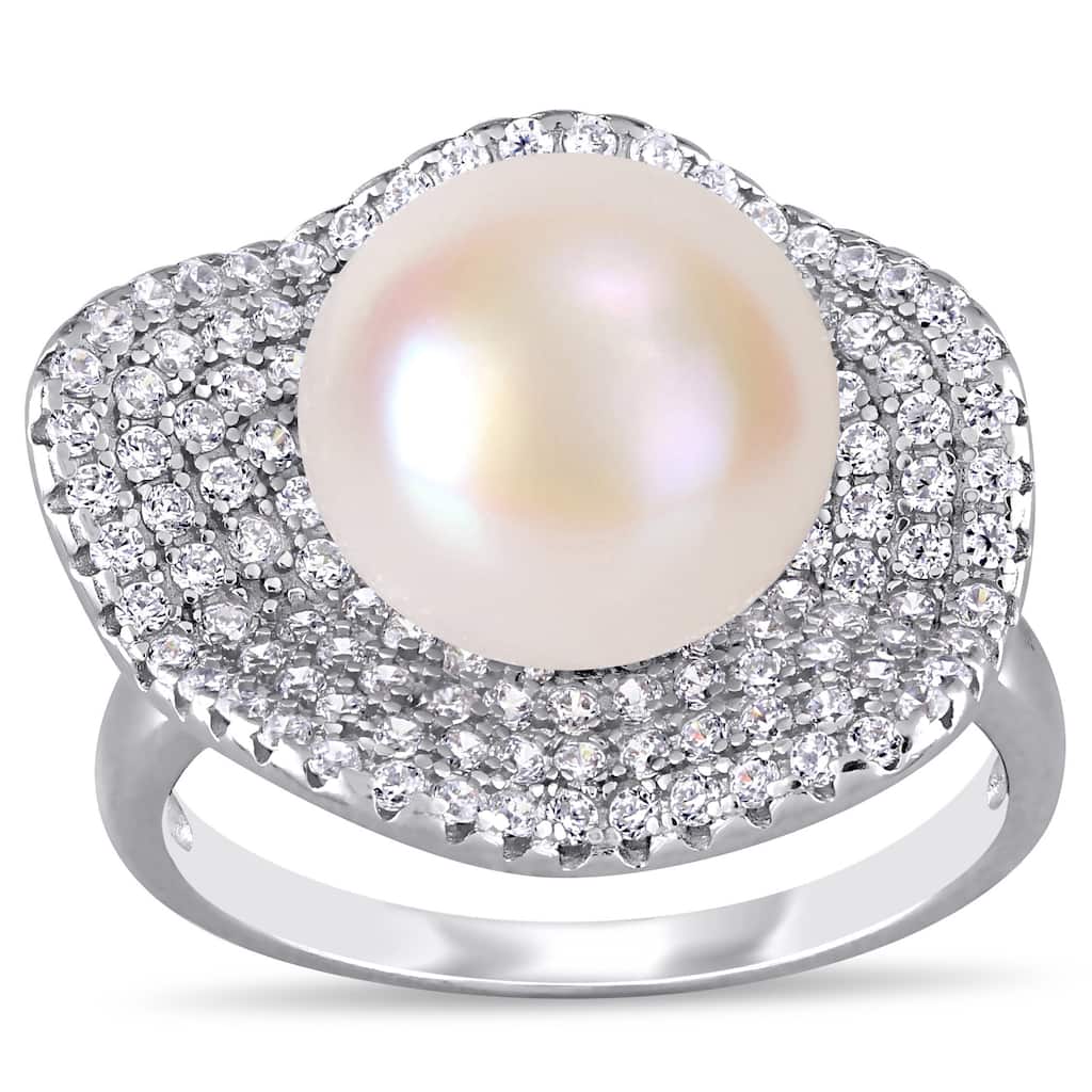 Miadora Sterling Silver Cultured FW Pearl and CZ Clustered Floral Halo Ring (11-12 mm)