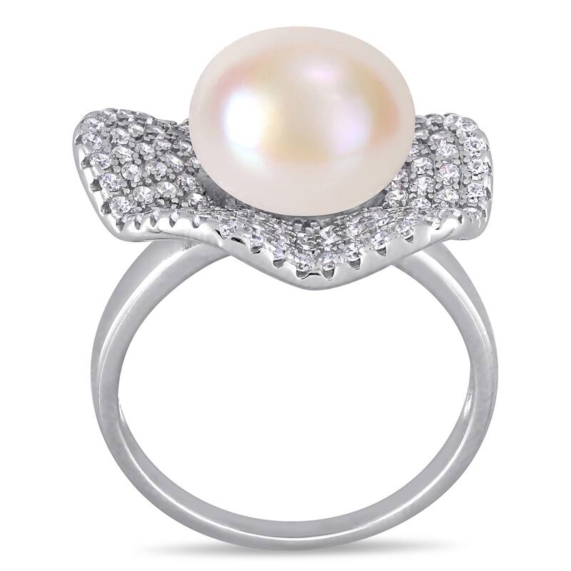Miadora Sterling Silver Cultured FW Pearl and CZ Clustered Floral Halo Ring (11-12 mm)