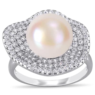 Miadora Sterling Silver Cultured FW Pearl and CZ Clustered Floral Halo Ring (11-12 mm)