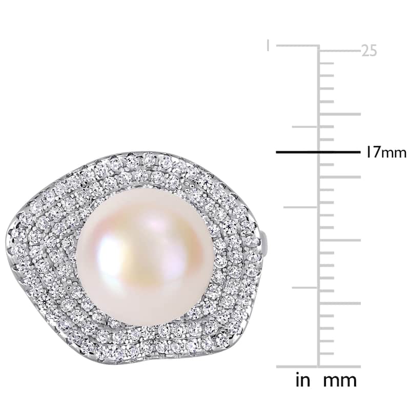 Miadora Sterling Silver Cultured FW Pearl and CZ Clustered Floral Halo Ring (11-12 mm)