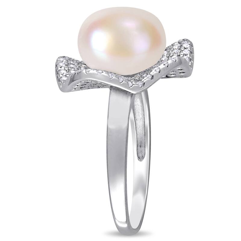 Miadora Sterling Silver Cultured FW Pearl and CZ Clustered Floral Halo Ring (11-12 mm)
