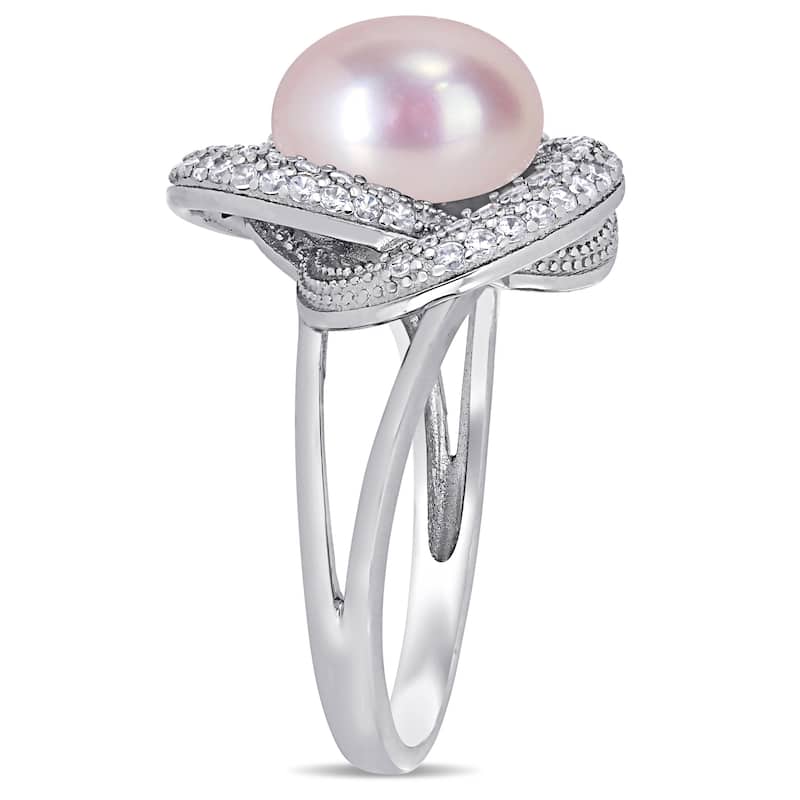 Miadora Sterling Silver Pink Cultured FW Pearl and CZ Swirl Floral Halo Ring (10-11 mm)