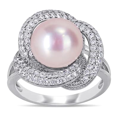 Miadora Sterling Silver Pink Cultured FW Pearl and CZ Swirl Floral Halo Ring (10-11 mm)