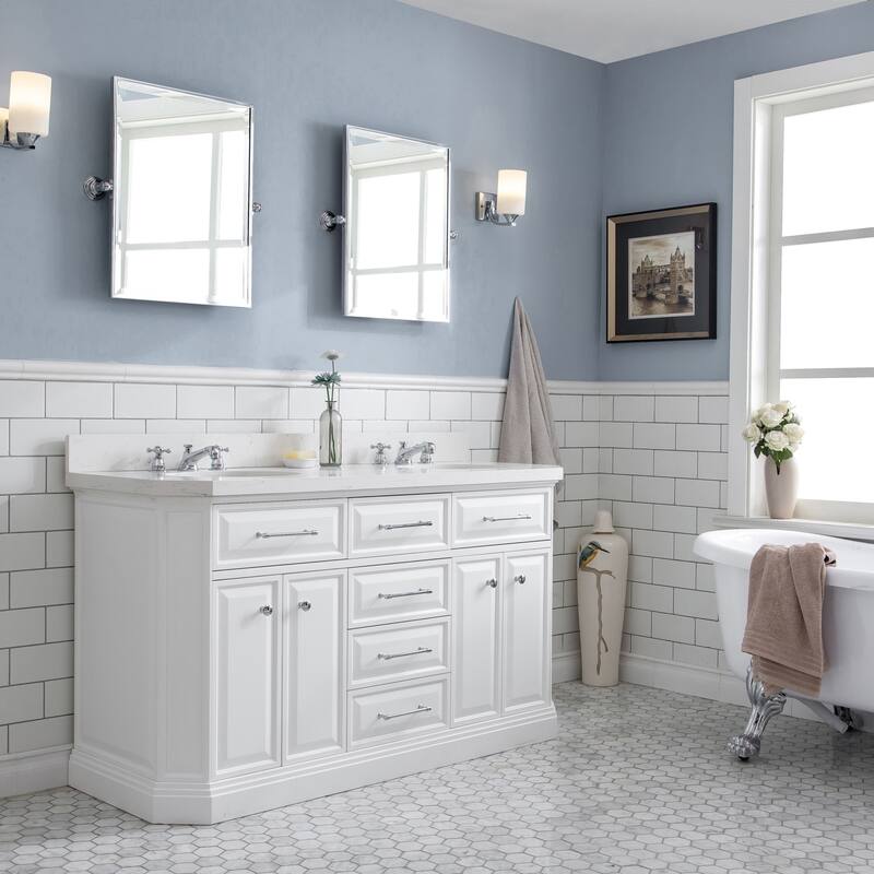 Palace Collection Quartz Carrara 60-inch Bathroom Vanity Set - Nickel Finish/Chrome Finish - Pure White