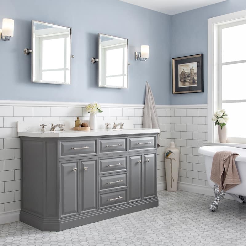 Palace Collection Quartz Carrara 60-inch Bathroom Vanity Set - Polished/Nickel Finish - Cashmere Grey