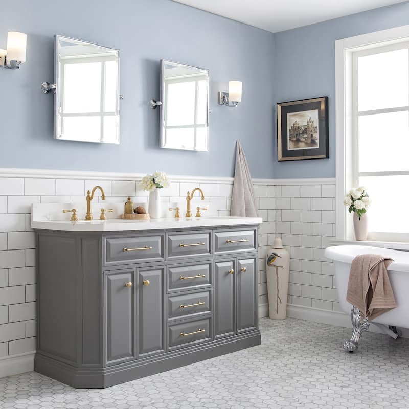 Palace Collection Quartz Carrara 60-inch Bathroom Vanity Set - Satin/Gold Finish - Cashmere Grey