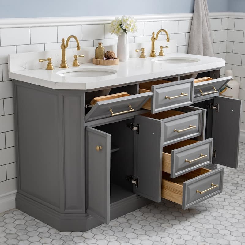 60" Palace Collection Quartz Carrara Cashmere Grey Bathroom Vanity Set With Hardware And F2-0012 Faucets