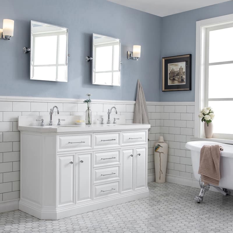 60" Palace Collection Quartz Carrara Cashmere Grey Bathroom Vanity Set With Hardware And F2-0012 Faucets - Polished/Chrome Finish - Pure White