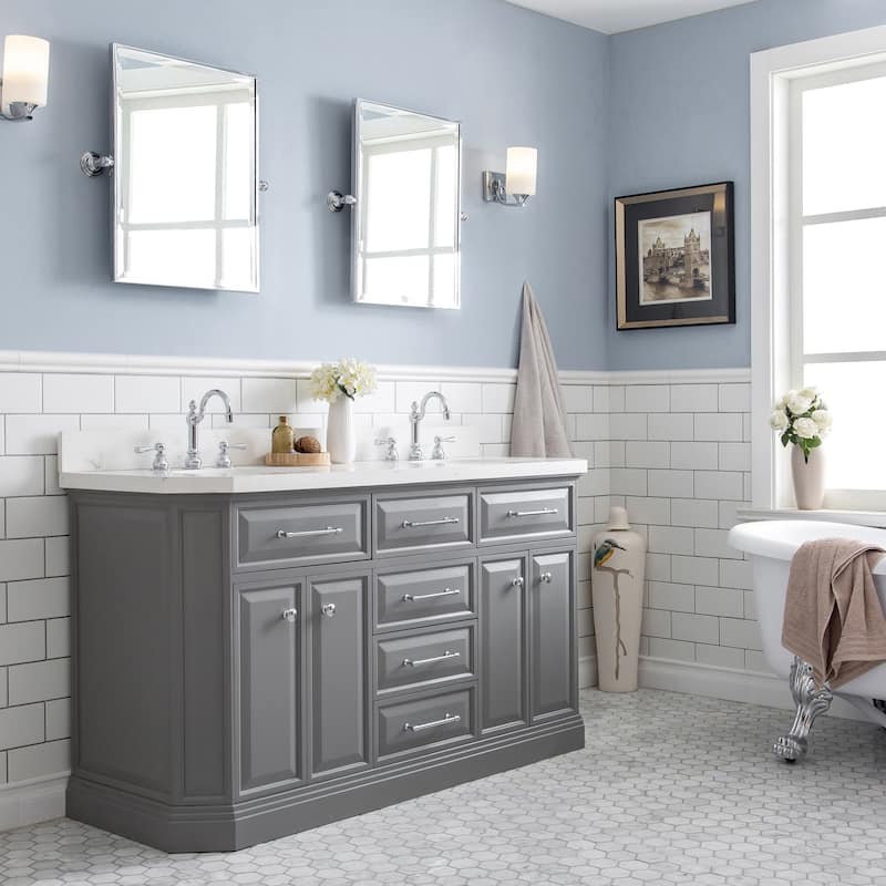 60" Palace Collection Quartz Carrara Cashmere Grey Bathroom Vanity Set With Hardware And F2-0012 Faucets - Polished/Chrome Finish - Cashmere Grey