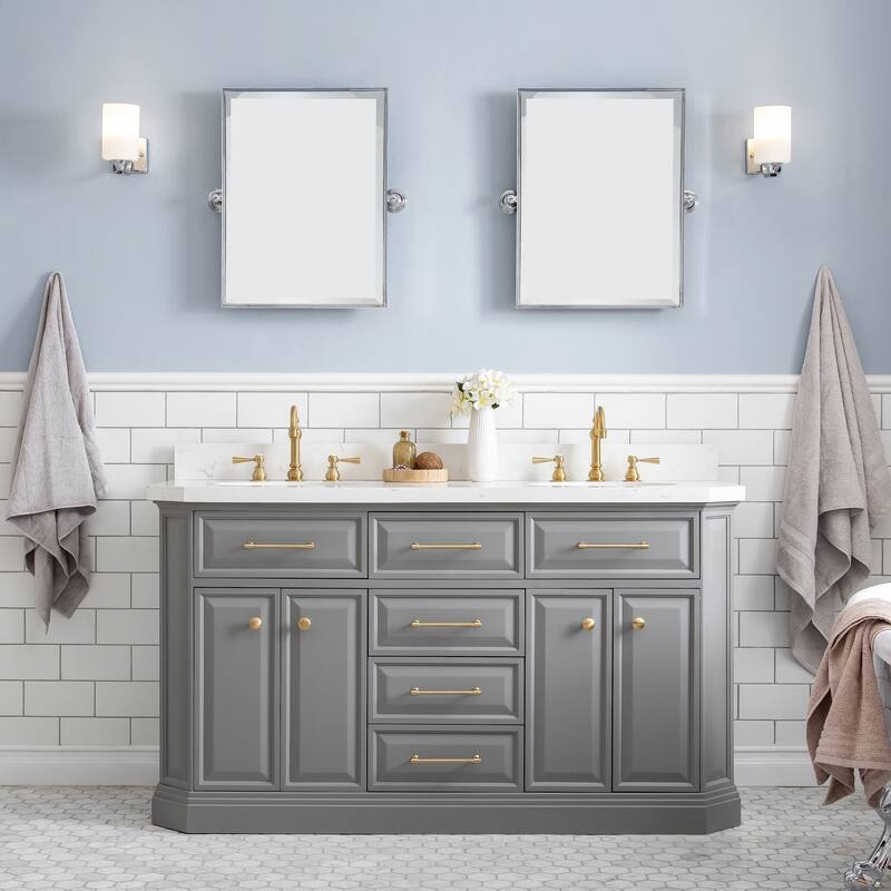 60" Palace Collection Quartz Carrara Cashmere Grey Bathroom Vanity Set With Hardware And F2-0012 Faucets