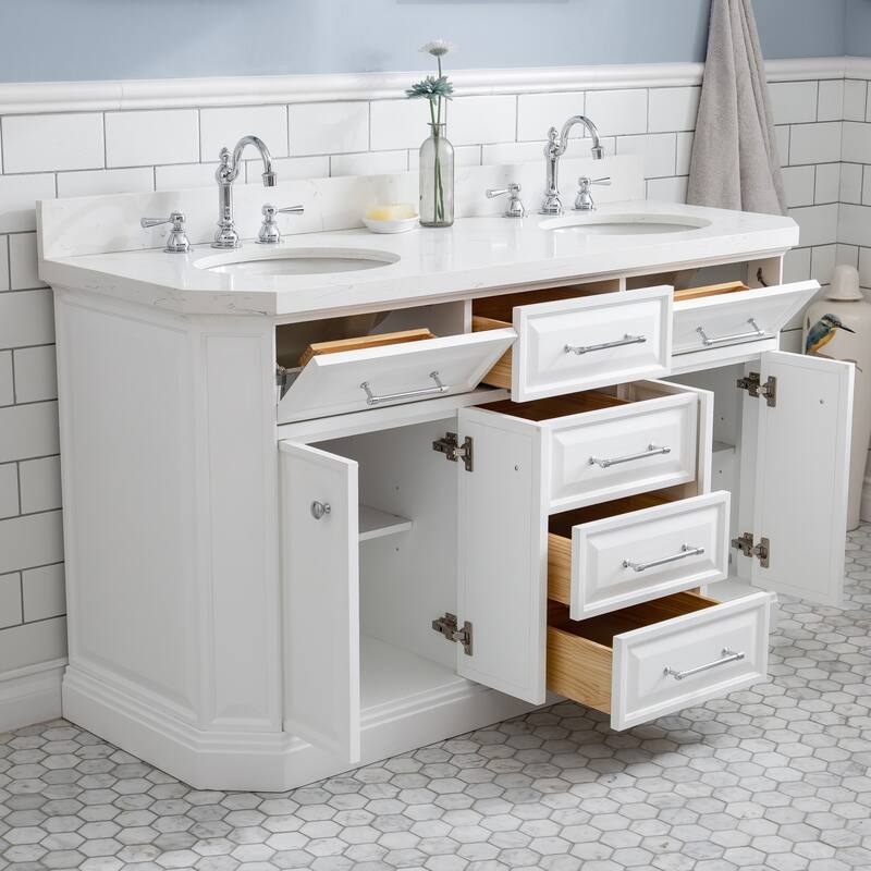 60" Palace Collection Quartz Carrara Cashmere Grey Bathroom Vanity Set With Hardware And F2-0012 Faucets