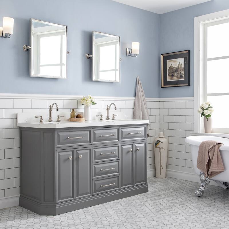 60" Palace Collection Quartz Carrara Cashmere Grey Bathroom Vanity Set With Hardware And F2-0012 Faucets - Polished/Nickel Finish - Cashmere Grey