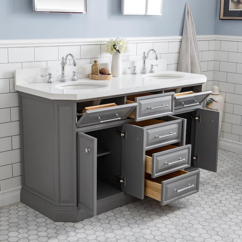 60" Palace Collection Quartz Carrara Cashmere Grey Bathroom Vanity Set With Hardware And F2-0012 Faucets