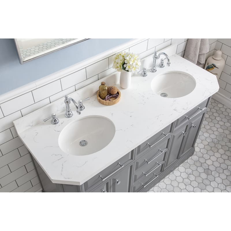 60" Palace Collection Quartz Carrara Cashmere Grey Bathroom Vanity Set With Hardware And F2-0012 Faucets